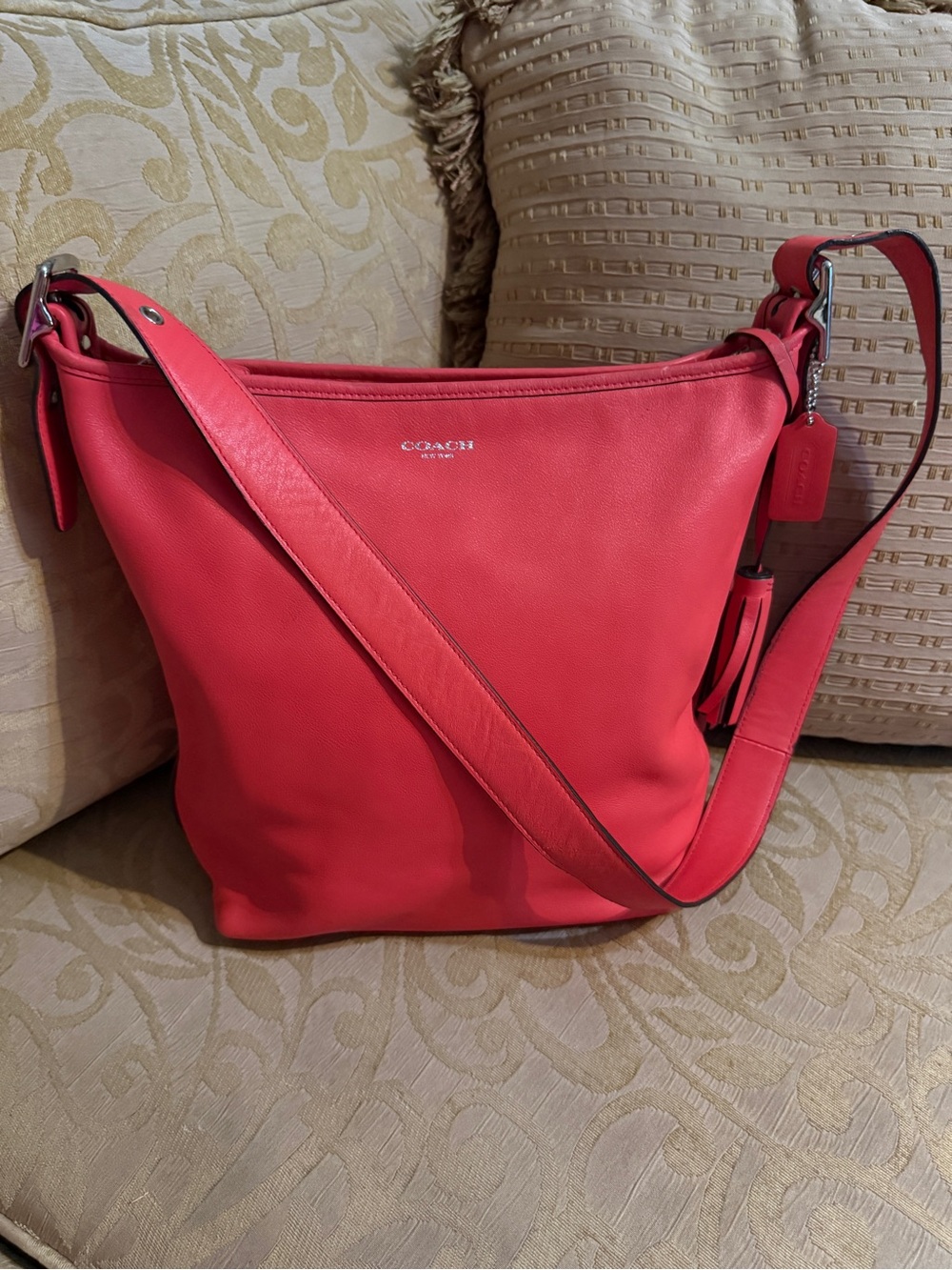 Coach Legacy Leather Tassel Duffle Shoulder Bag Bright Coral 19889 preowned